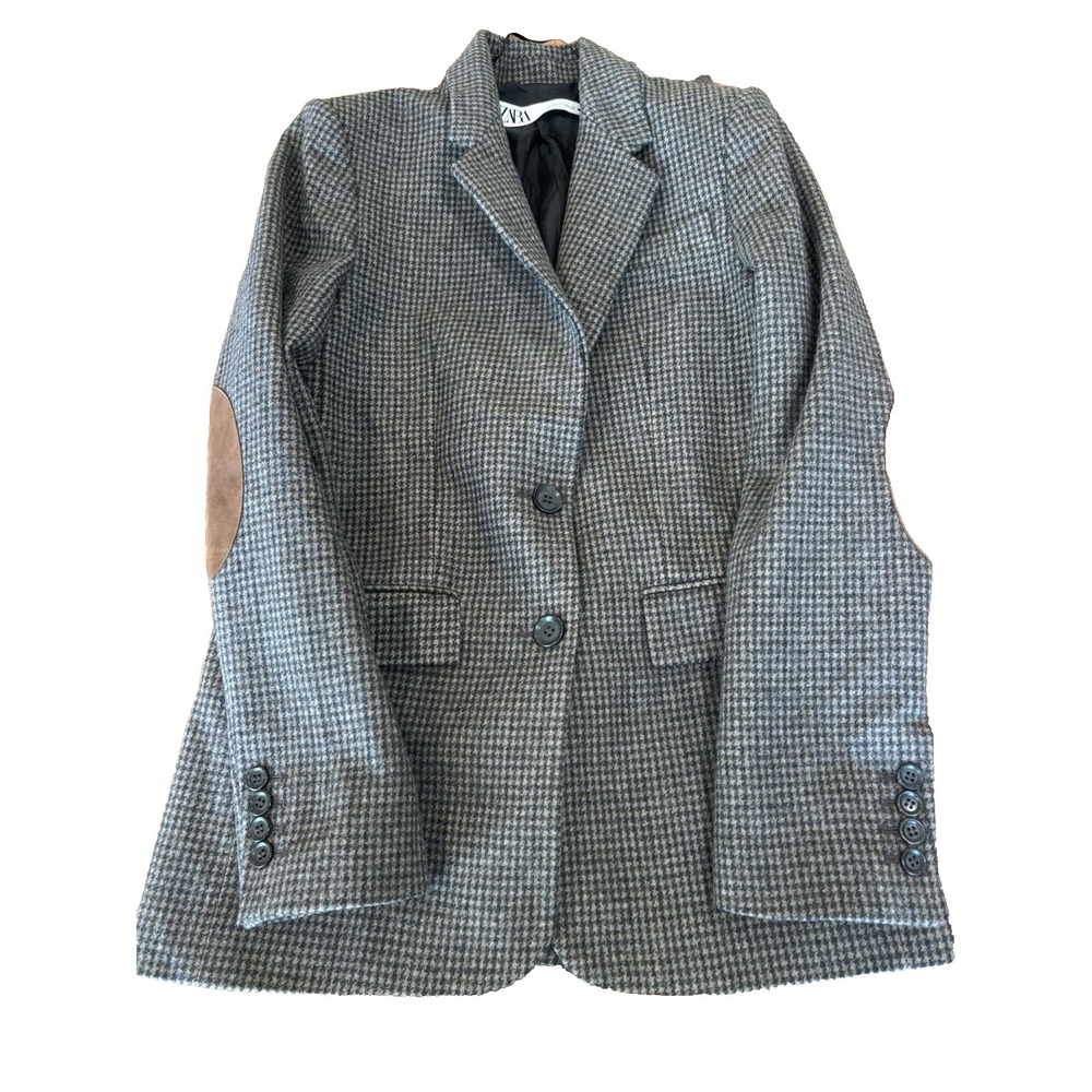 ZARA Check Tweed‎ wool blend blazer womens XS black brown soft boyfriend Jacket
